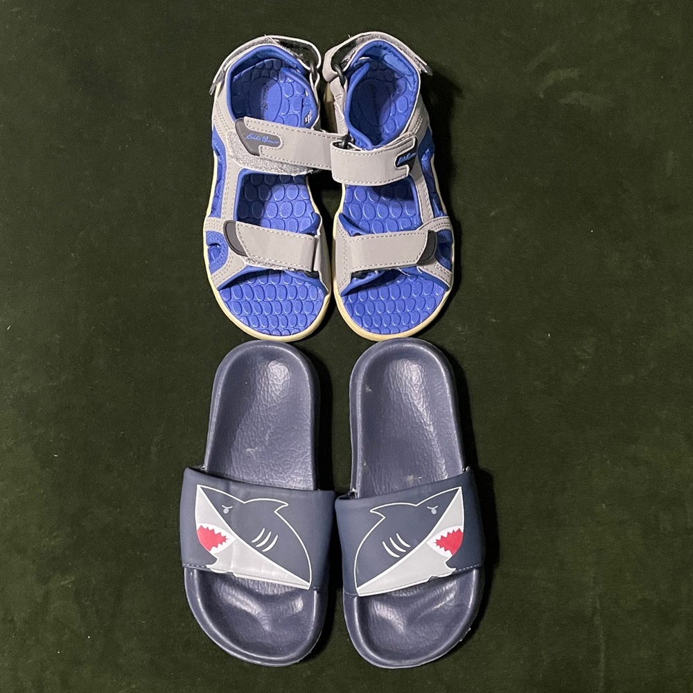 Kids Blue Gray Sport Sandals with Shark Slide Set